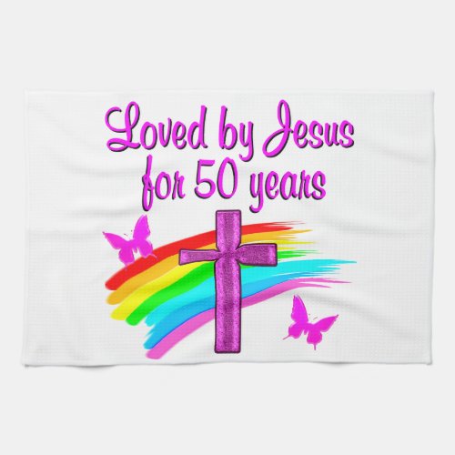 LOVED BY GOD 50TH BIRTHDAY DESIGN KITCHEN TOWEL