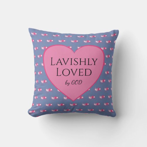 LOVED BY GOD Pink Hearts Custom Blue Valentines Throw Pillow