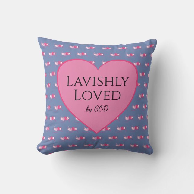 LOVED BY GOD Pink Hearts Custom Blue Valentines Throw Pillow (Front)