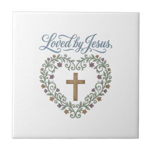 Loved by Jesus Floral Cross Christian T-Shirt Desi Ceramic Tile