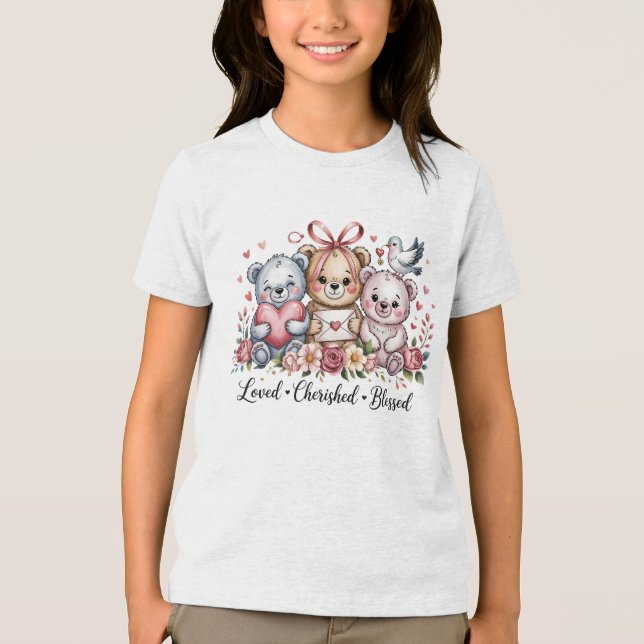 Loved Cherished Blessed Three Teddy Bears Floral Tri-Blend Shirt (Front)