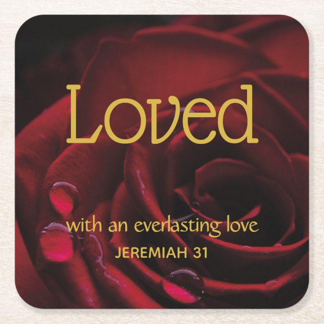 LOVED Everlasting Love Red Rose Custom VALENTINES Square Paper Coaster (Front)