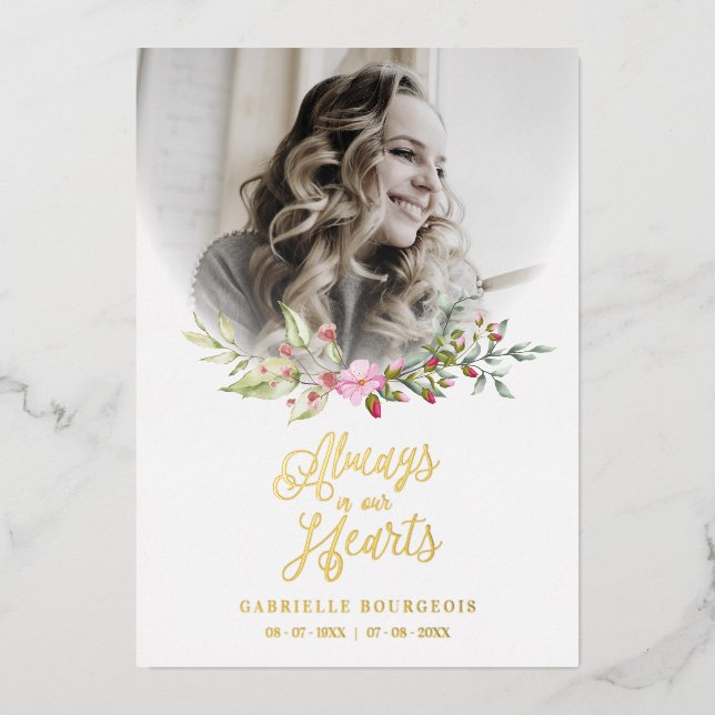 Loved One Woman In Memoriam Funeral Pink Wreath Foil Invitation (Front)