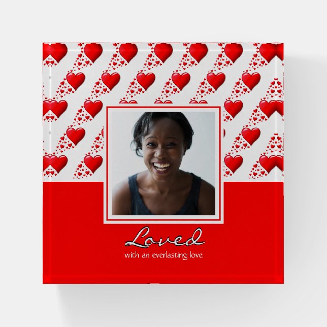 LOVED Personalized Photo RED HEARTS Keepsake Paperweight (Front)