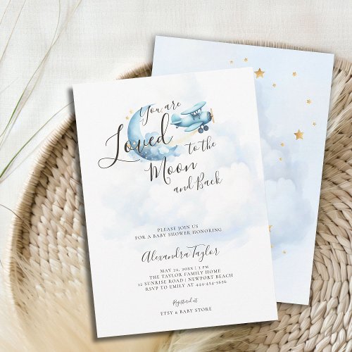 Loved to Moon Blue Clouds Airplane Baby Boy Shower Invitation