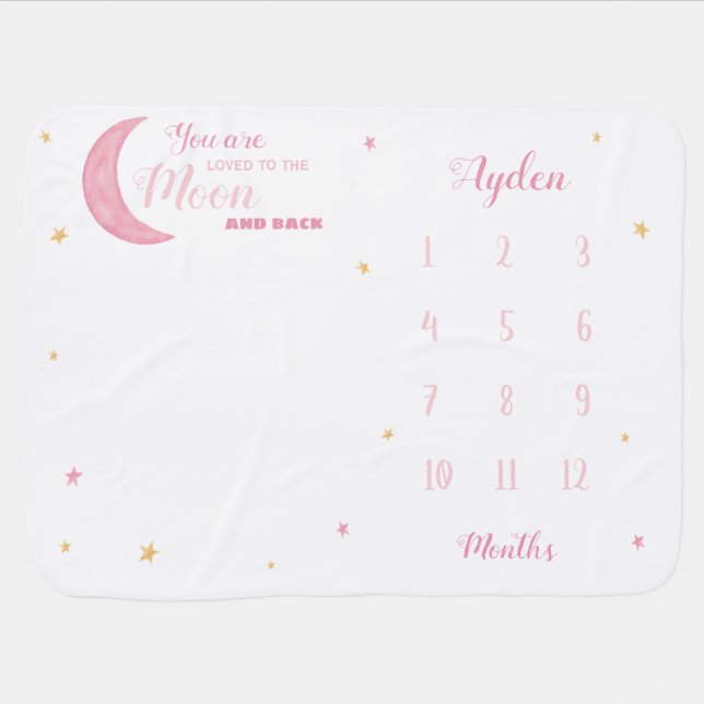 Loved to the moon and back baby girl milestone blanket (Horizontal)
