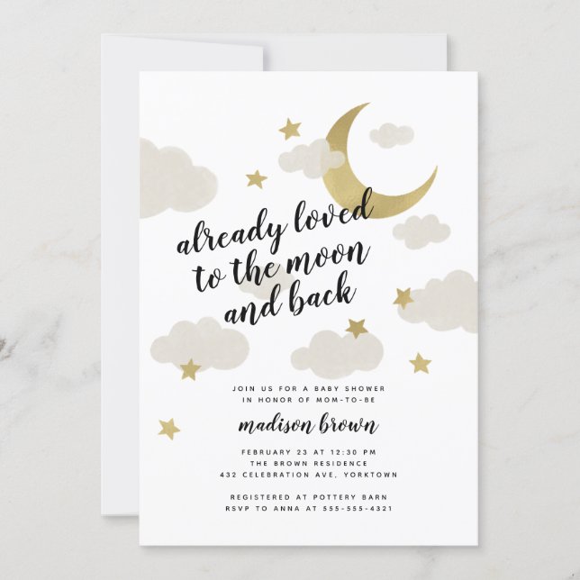 Loved to the Moon and Back Baby Shower Gold Invitation (Front)