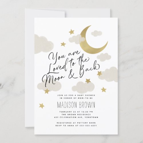 Loved to the Moon and Back Baby Shower Gold White Invitation