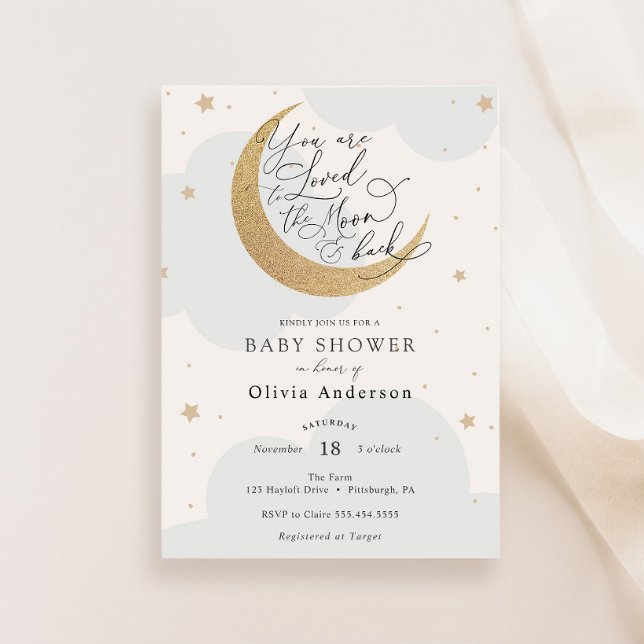 Loved to the Moon and Back Blue Baby Shower Invitation