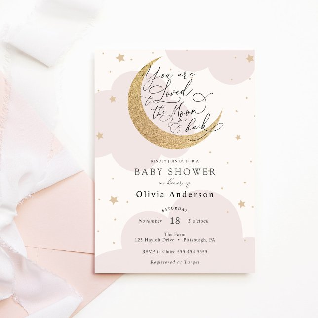 Loved to the Moon and Back Pink Baby Shower Invitation (Creator Uploaded)
