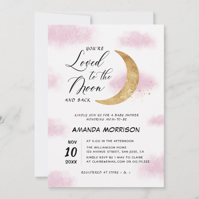 loved to the moon baby shower invitation (Front)