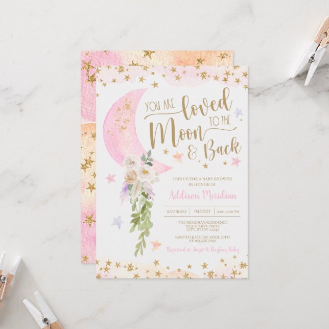 Loved to the Moon & Back Baby Girl Shower Invitation (Front/Back In Situ)