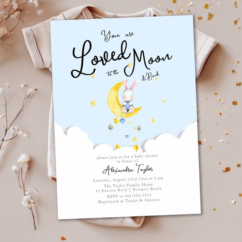 Loved to the Moon Rabbit Heart Boy Baby Shower Invitation