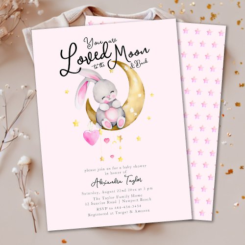 Loved to the Moon Rabbit Pink Girl Baby Shower Invitation