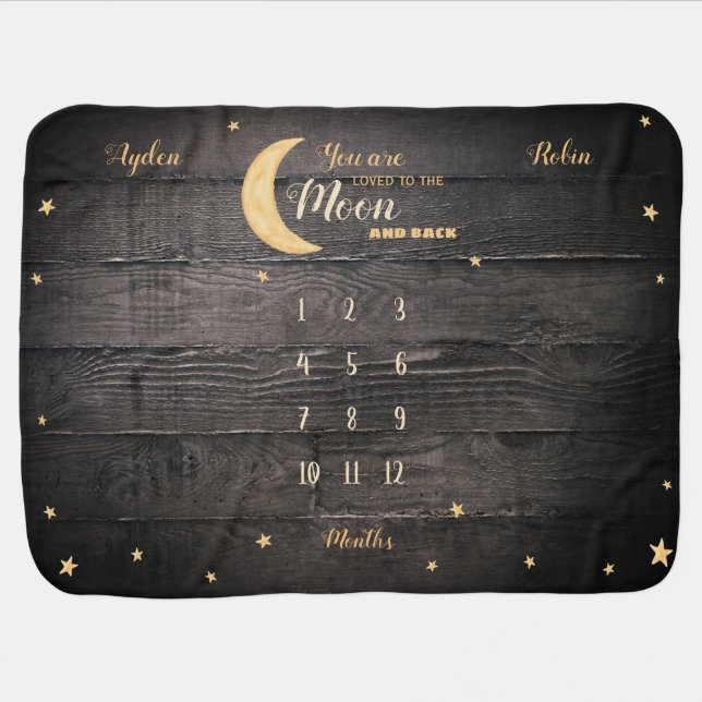 Loved to the moon twin babies unisex milestone bab baby blanket (Horizontal)