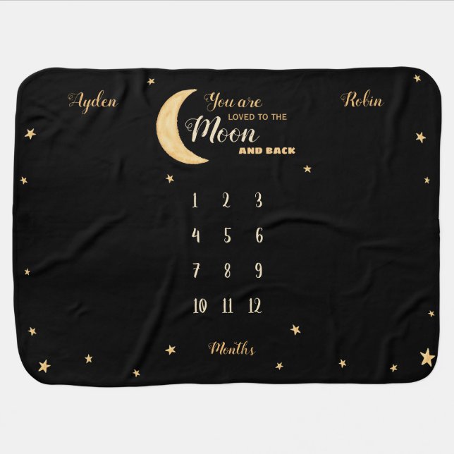 Loved to the moon twin babies unisex milestone bab baby blanket (Horizontal)
