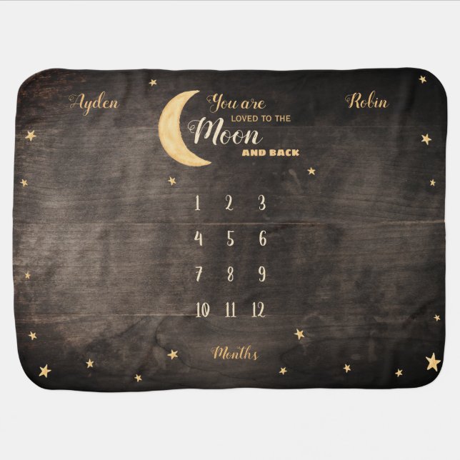 Loved to the moon twin babies unisex milestone baby blanket (Horizontal)