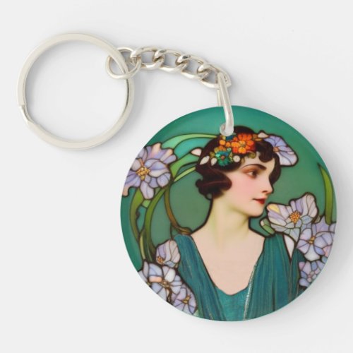 Lovely 1920s Lady in Art Nouveau style _ add text Keychain