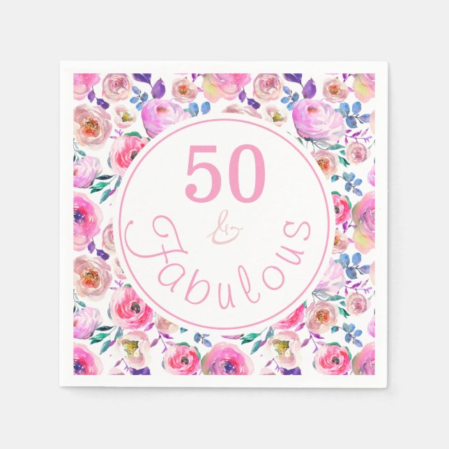 Lovely 50 and Fabulous Watercolor Birthday Party Napkins (Front)