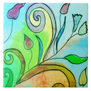 Lovely Abstract Floral Digital Painting Ceramic Tile