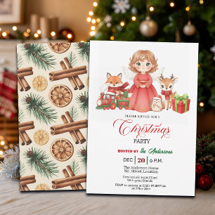 Lovely Angel with Forest Animals Christmas Party Invitation