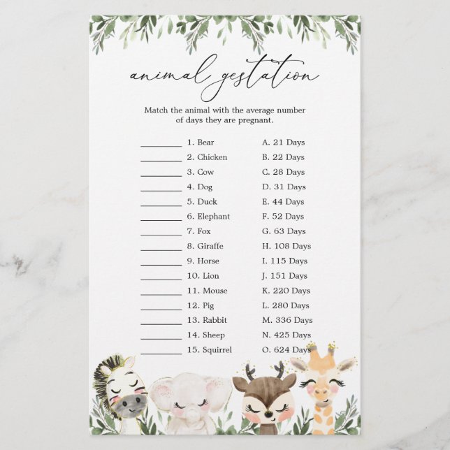 Lovely Animals Baby Shower Animal Gestation Game (Front)