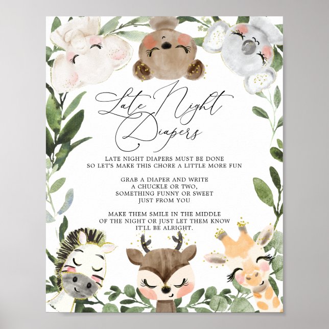Lovely Animals Baby Shower Late Night Diapers Sign (Front)