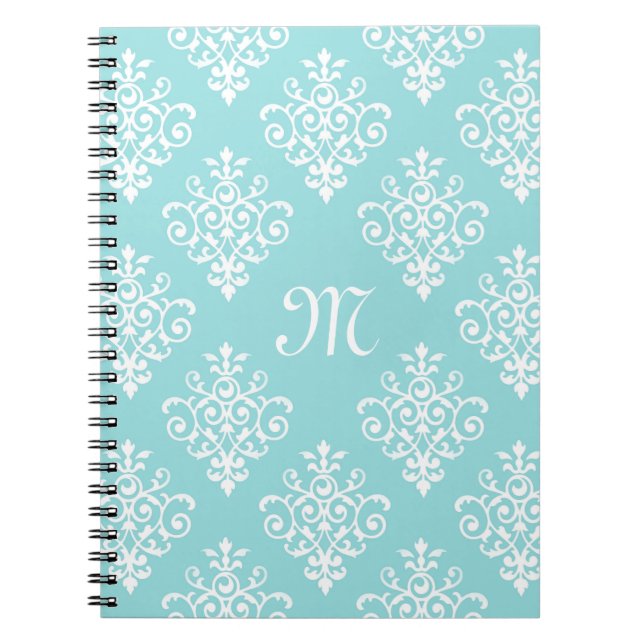 Lovely Aqua Blue and White Damask With Monogram Notebook (Front)