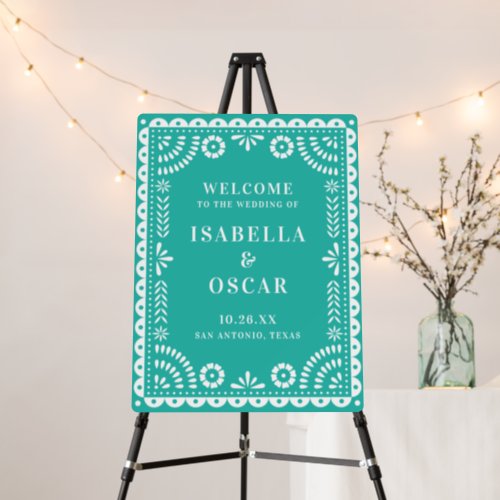 Lovely Aqua Papel Picado Wedding Welcome Sign