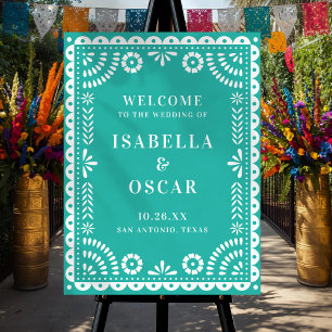 Lovely Aqua Papel Picado Wedding Welcome Sign