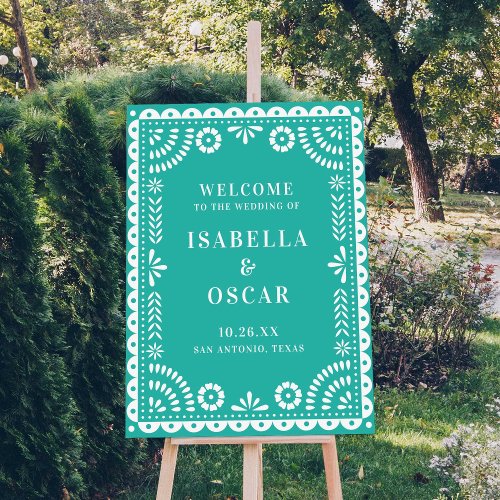 Lovely Aqua Papel Picado Wedding Welcome Sign