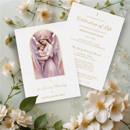 Lovely Arch Angel Guardian with Baby Gold Funeral Foil Invitation