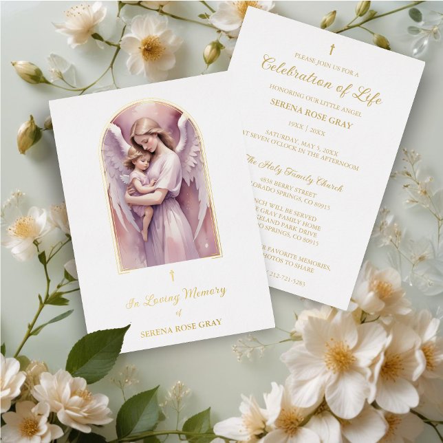 Lovely Arch Angel Guardian with Baby Gold Funeral Foil Invitation (Lovely Arch Effect Angel Guardian with Baby Gold Foil Funeral Invitation Card.)