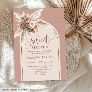 Lovely Arch Pastel Pink Pampas Floral Boho Sixteen Invitation