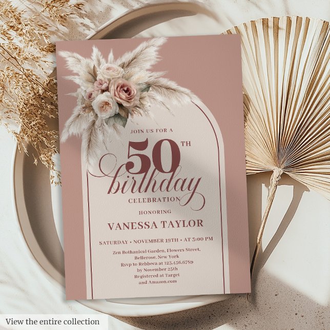 Lovely Arch Powder Pink Pampas Floral 50 Birthday Invitation (Lovely Arch Powder Pink Pampas Floral 50th Birthday)