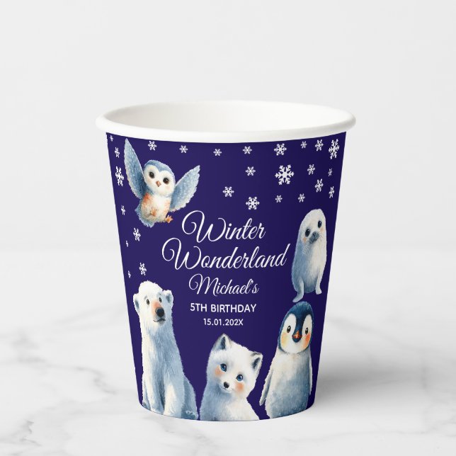 Lovely Arctic Animals Blue Winter Kids' Birthday Paper Cups (Front)