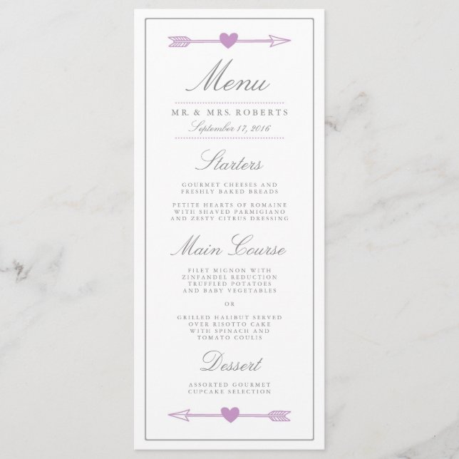 Lovely Arrows Wedding Dinner Menu / Lilac and Gray (Front)