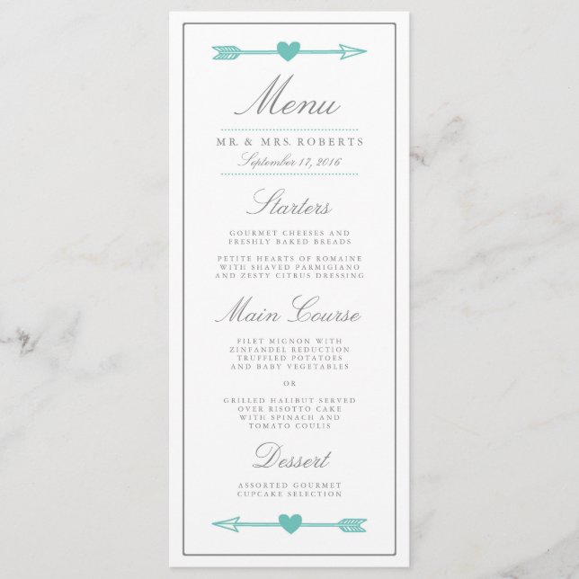 Lovely Arrows Wedding Dinner Menu / Teal & Gray (Front)