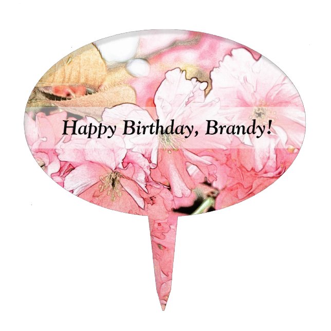 Lovely artistic sketch pink cherry blossom flowers cake topper (Front)