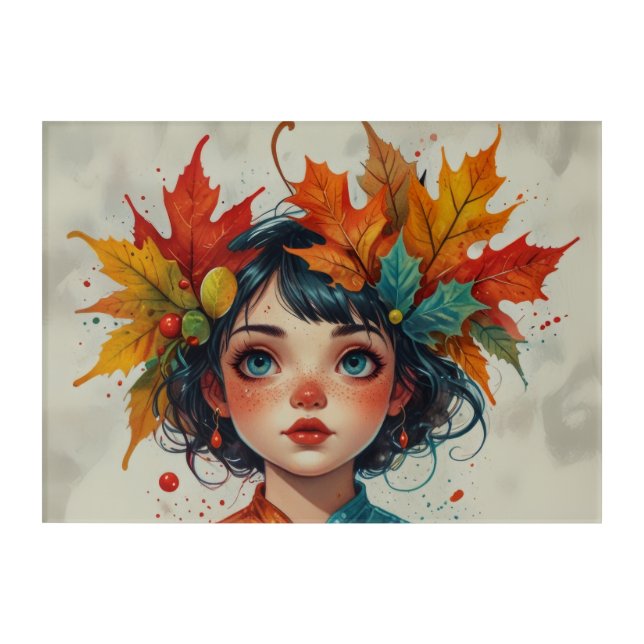 Lovely Autumn Girl with Fall Leaves Acrylic Print (Front)