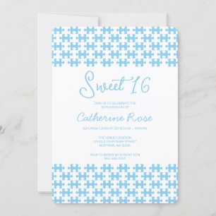 Lovely Baby Blue White Puzzle Checkered Sweet 16 Invitation