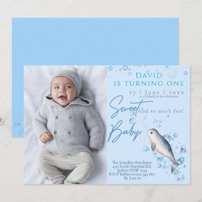 Lovely baby boy Narwhal 1st Birthday Party Invitation (Front/Back)
