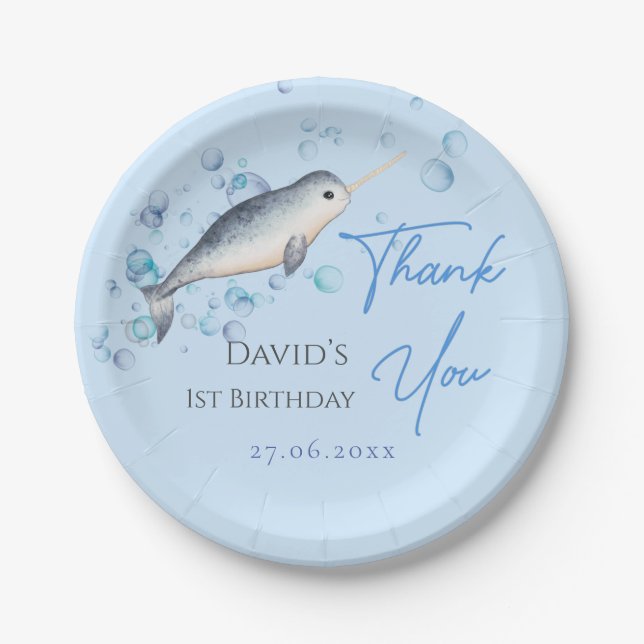 Lovely baby boy Narwhal bubbles 1st Birthday  Paper Plates (Front)