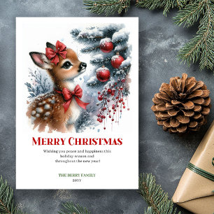 Lovely Baby Deer Snowy Forest Watercolor Christmas Holiday Card