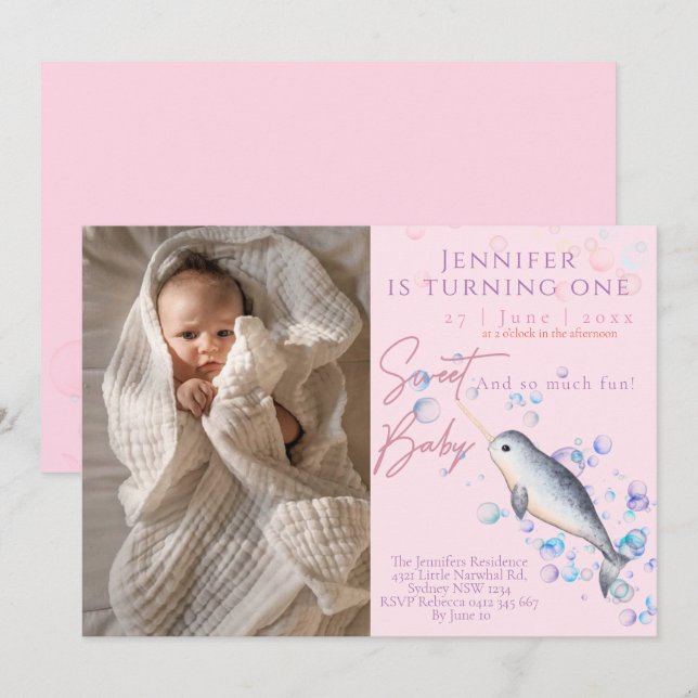 Lovely baby Narwhal 1st Birthday Party Invitation (Front/Back)