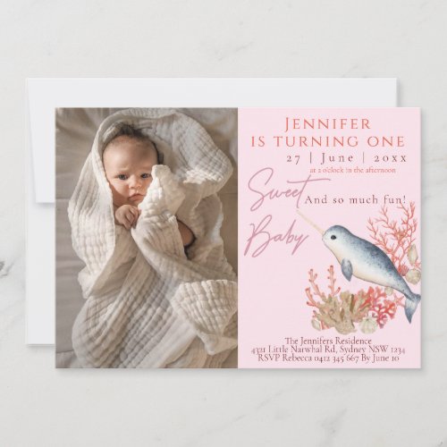 Lovely baby Narwhal 1st Birthday Party Invitation