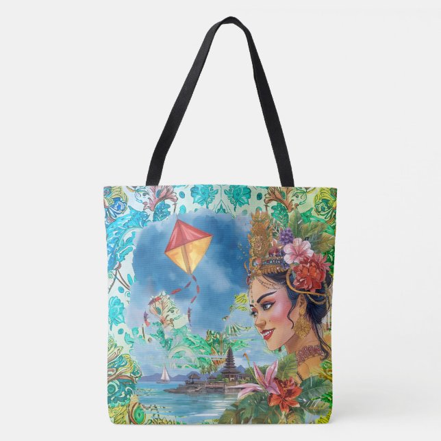 Lovely Bali Dancer and Tropical Pattern Tote Bag (Front)