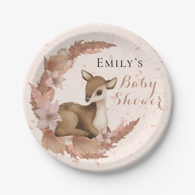 Lovely Bambi & Flowers Pastel Pink Baby Shower Nap Paper Plates (Front)