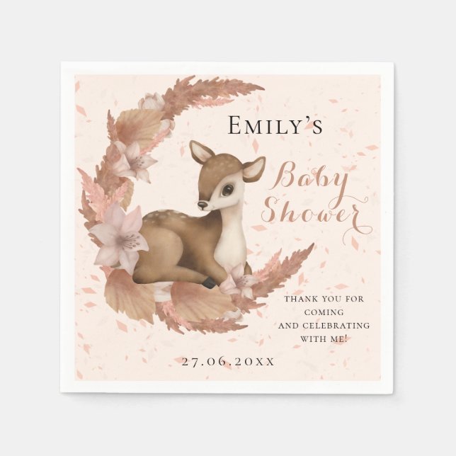 Lovely Bambi & Flowers Pastel Pink Baby Shower Napkins (Front)