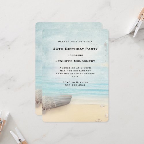 Lovely Beach Scene with Boat  Lighthouse Birthday Invitation